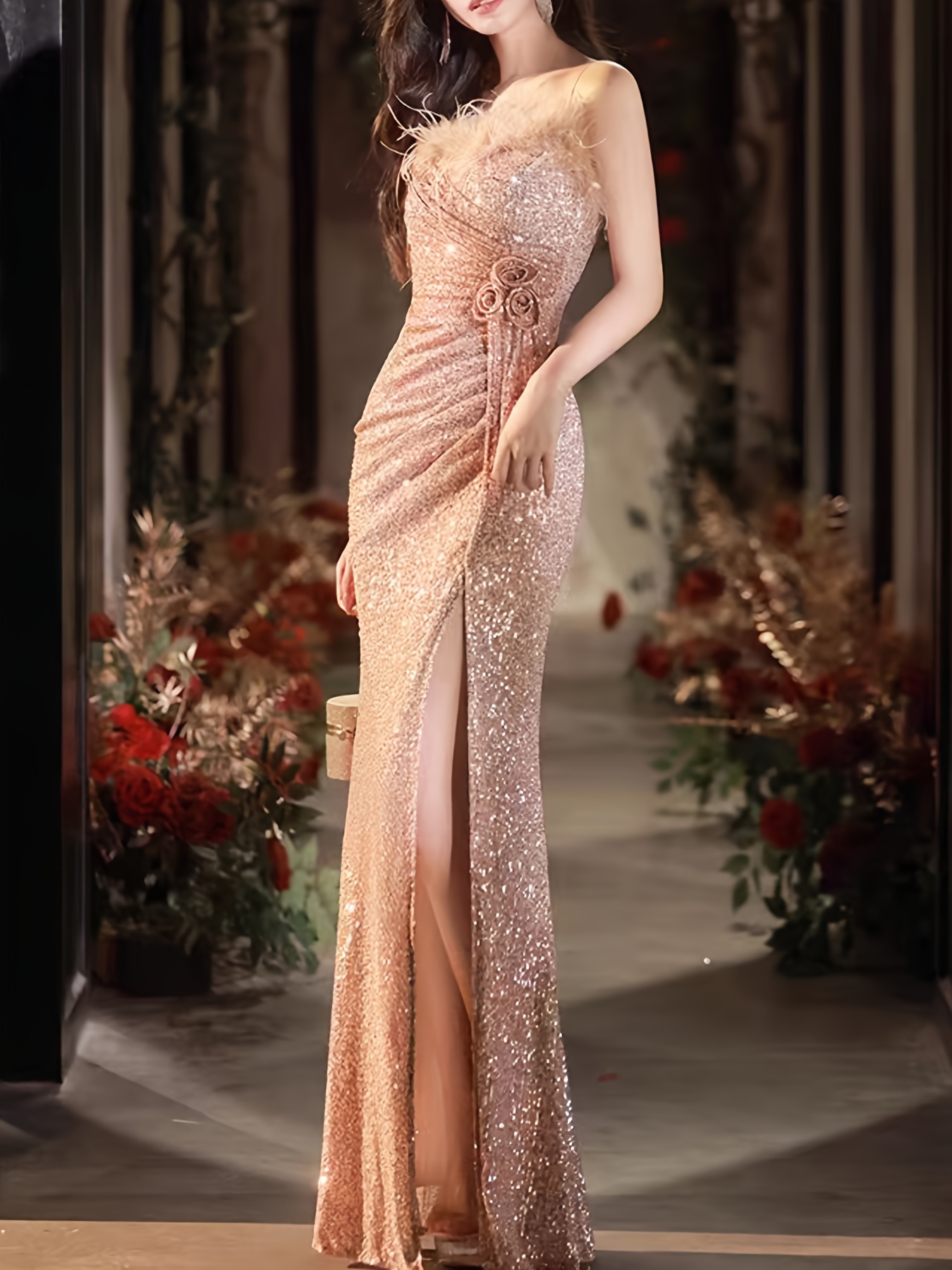 elegant black sequin evening gown for women luxurious off shoulder sleeveless with belt side parties banquets details 4