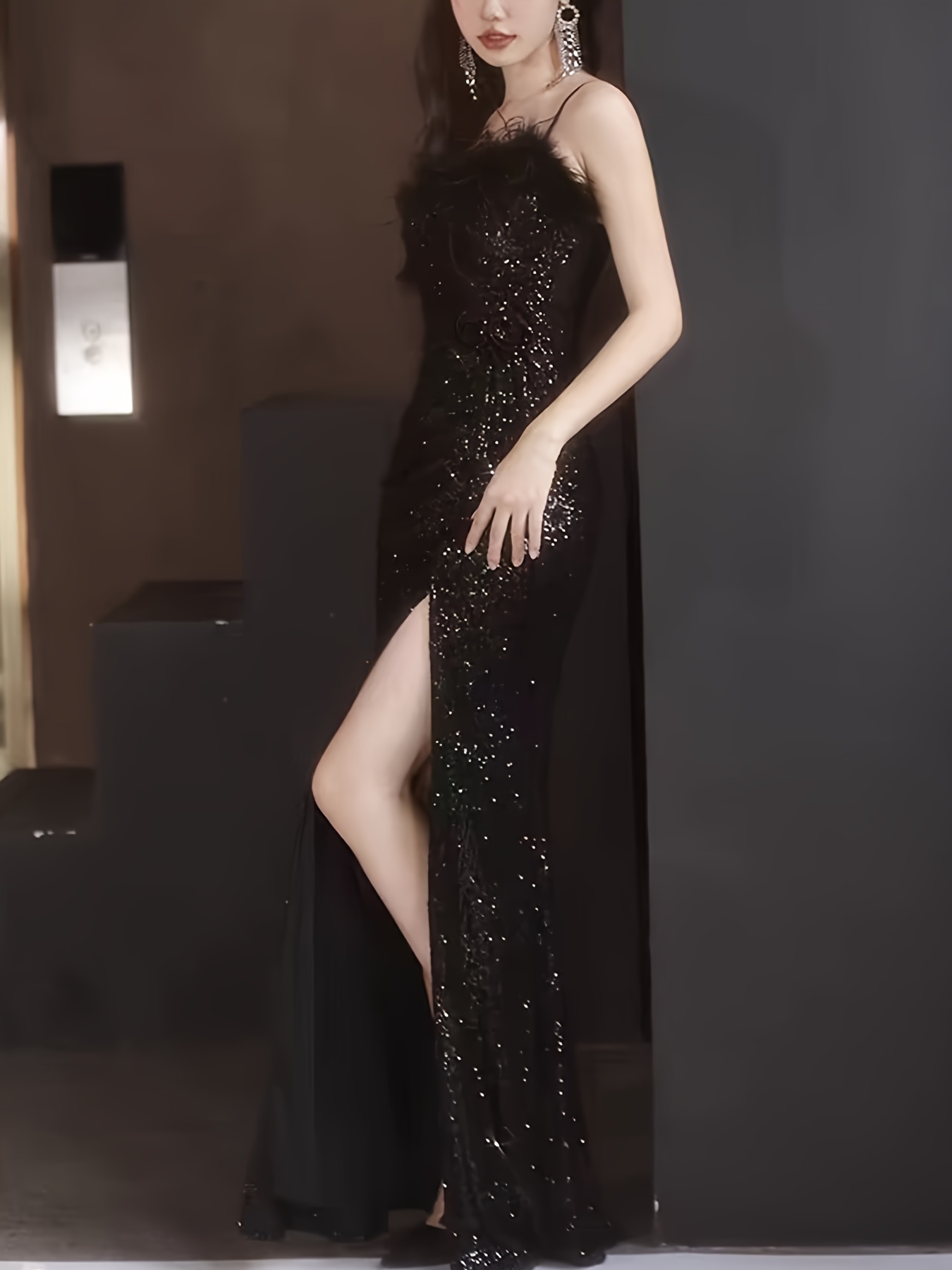 elegant black sequin evening gown for women luxurious off shoulder sleeveless with belt side parties banquets details 9