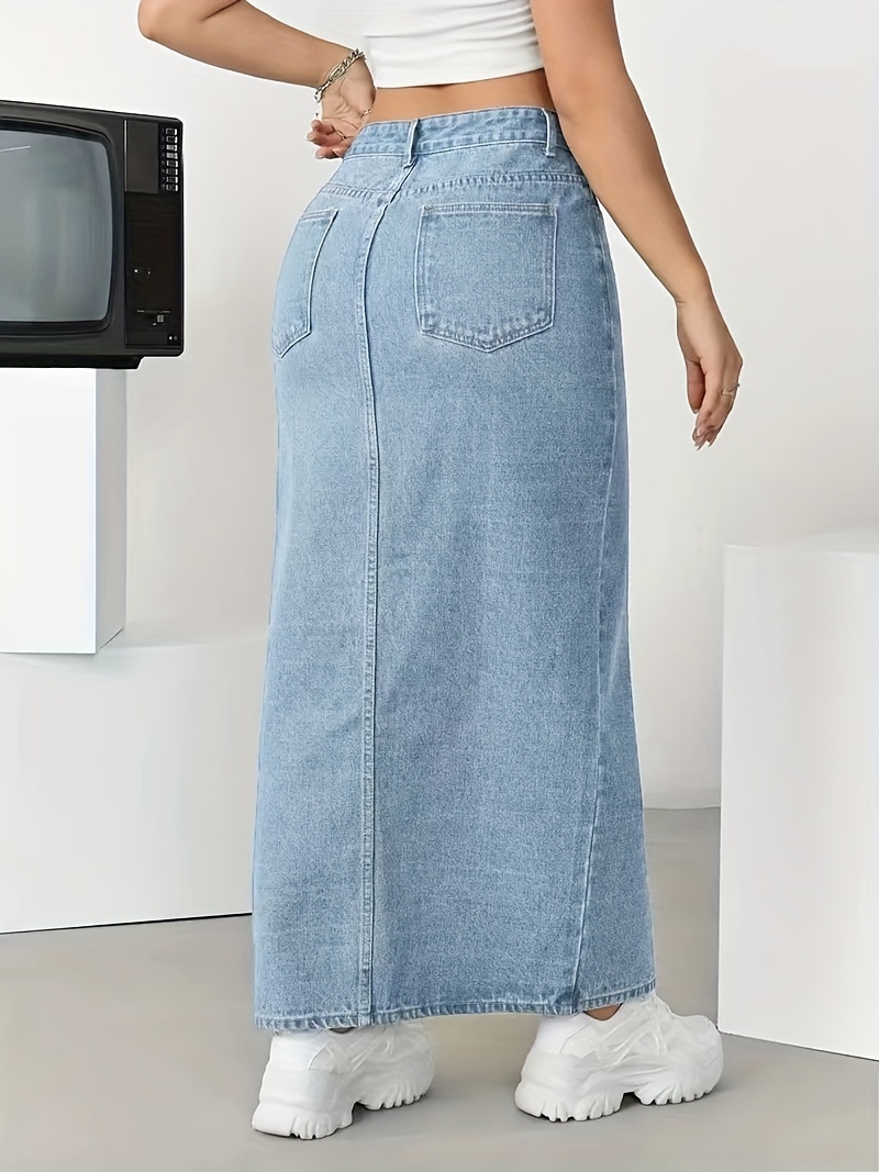 split side whiskering light washed blue stretchy maxi denim skirt womens denim jeans clothing details 1