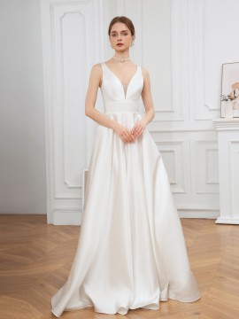 Elegant V-Neck Sleeveless A-Line Wedding Gown with Pencil Skirt and Exposed Back