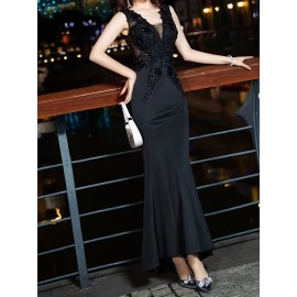 Sleeveless Contrast Mesh V Neck Bodycon Dress, Elegant Evening Dress For Wedding Party, Women's Clothing