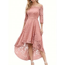 3/4 Sleeves Lace High-Low Off Shoulder Bridesmaid Dress, Cocktail Party Dress for Church Wedding Guest Formal Party