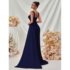 Elegant Spaghetti Strap Backless Gown with Thigh-High Slit - Perfect for Parties & Formal Events, Women's Evening Dress