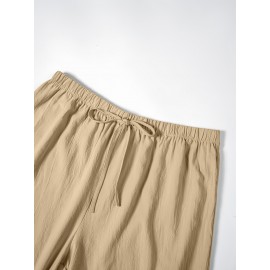 1pc Women'S Casual Polyester Shorts, Solid Color, All-Season, Woven Fabric, with Fake Drawstring Detail