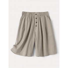 Women's Casual Cotton Shorts with Elastic Waistband and Decorative Buttons - Loose Fit, Solid Color, Machine Washable
