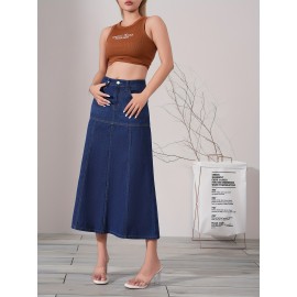 Dark Washed Women's Casual Midi Denim Skirt, Blue Jeans Style, Classic Fit
