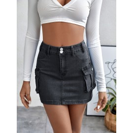 Plain Flap Pockets Cargo Denim Mini Skirt, High Stretch Double Button Washed Denim Skirt, Women's Denim Clothing