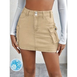 Plain Flap Pockets Cargo Denim Mini Skirt, High Stretch Double Button Washed Denim Skirt, Women's Denim Clothing