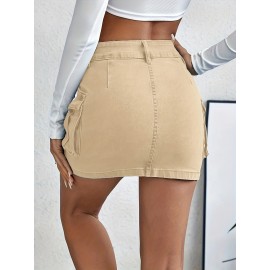 Plain Flap Pockets Cargo Denim Mini Skirt, High Stretch Double Button Washed Denim Skirt, Women's Denim Clothing