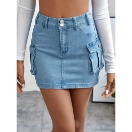 Plain Flap Pockets Cargo Denim Mini Skirt, High Stretch Double Button Washed Denim Skirt, Women's Denim Clothing