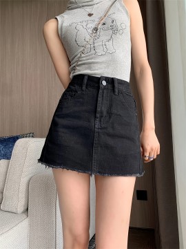Women's High-Waisted Denim Mini Skirt, Sexy Black Color Plain Jean Skirt, Frayed Hem, Casual Summer Outfit