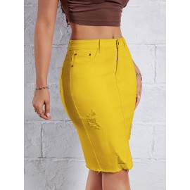 Hot Ripped High Waisted Bodycon Midi Denim Skirt, Women's Denim Jeans & Clothing