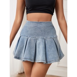 Pleated Denim Skirt - Elegant Pleats, High-Rise Design, Mini Length, Premium Denim, Light Washed Blue - Designed for Women, Part of Denim Jeans & Clothing Collection