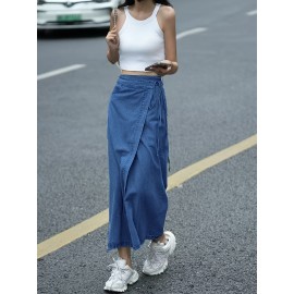 Women'S Elegant Denim Wrap Skirt - High Waist Lace-Up Slit Midi Skirt, Cotton Blend, Geometric Pattern, Woven Fabric, Non-Stretch for Spring/Summer/Fall