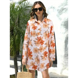 Floral Print Button Up Shirt, Vacation Lapel Neck Long Sleeve Loose Shirt, Women's Clothing