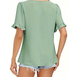 Vibrant Solid Color Square Neck Short Sleeve Blouse - Ruched Bust, Micro Elasticity, Machine Washable - Perfect for Mature Womens Casual Summer Clothing