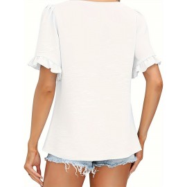 Vibrant Solid Color Square Neck Short Sleeve Blouse - Ruched Bust, Micro Elasticity, Machine Washable - Perfect for Mature Womens Casual Summer Clothing