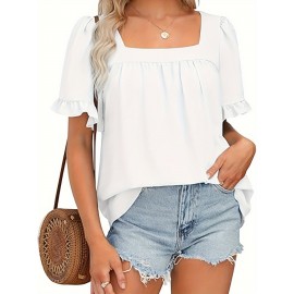 Vibrant Solid Color Square Neck Short Sleeve Blouse - Ruched Bust, Micro Elasticity, Machine Washable - Perfect for Mature Womens Casual Summer Clothing