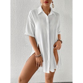 Women's Short Shirt Ice Silk Wrinkled Polo Neck Solid Color Button Elegant Casual Shirt