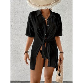 Women's Short Shirt Ice Silk Wrinkled Polo Neck Solid Color Button Elegant Casual Shirt