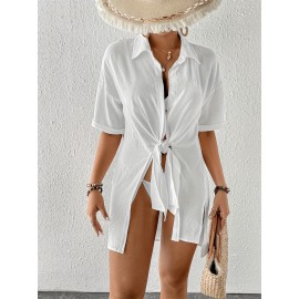 Women's Short Shirt Ice Silk Wrinkled Polo Neck Solid Color Button Elegant Casual Shirt