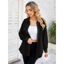 Drop Shoulder Button Front Shirt, Casual Long Sleeve With Pocket Shirt For Spring & Fall, Women's Clothing