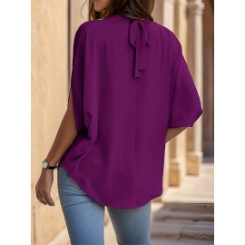 Womens Elegant Pintuck Batwing Sleeve Blouse - High Neck, Micro Elasticity, Solid Color, Machine Washable, Casual Top for Spring & Fall - Tooluck Brand