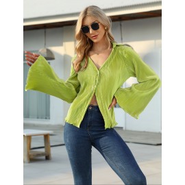 Solid Pleated V Neck Blouse, Casual Button Front Bell Sleeve Blouse For Spring & Fall, Women's Clothing